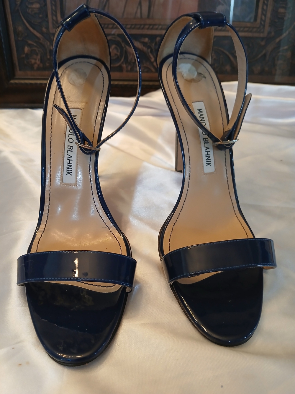Manolo Blahnik Navy Patent Leather Open-Toe Slingback Heels 38.5